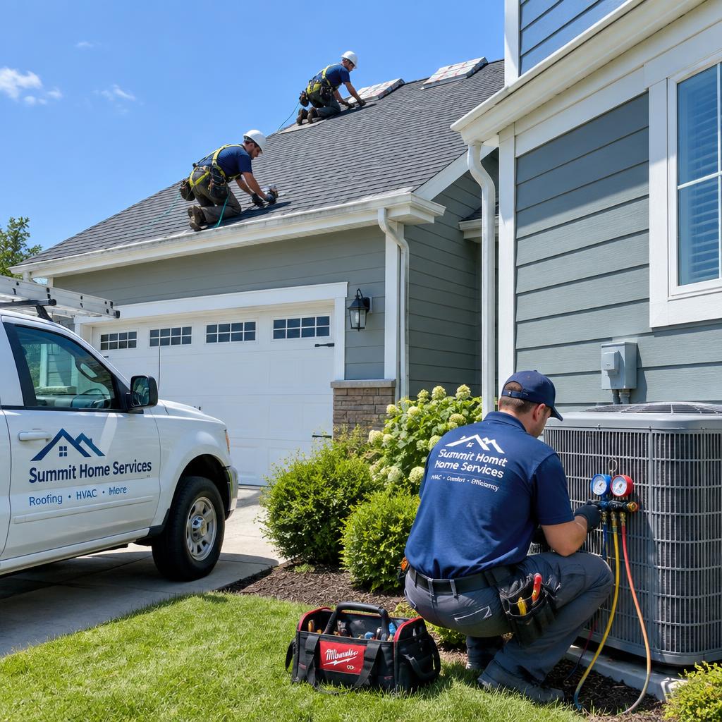 Roofing and HVAC technicians working at a home on a sunny day